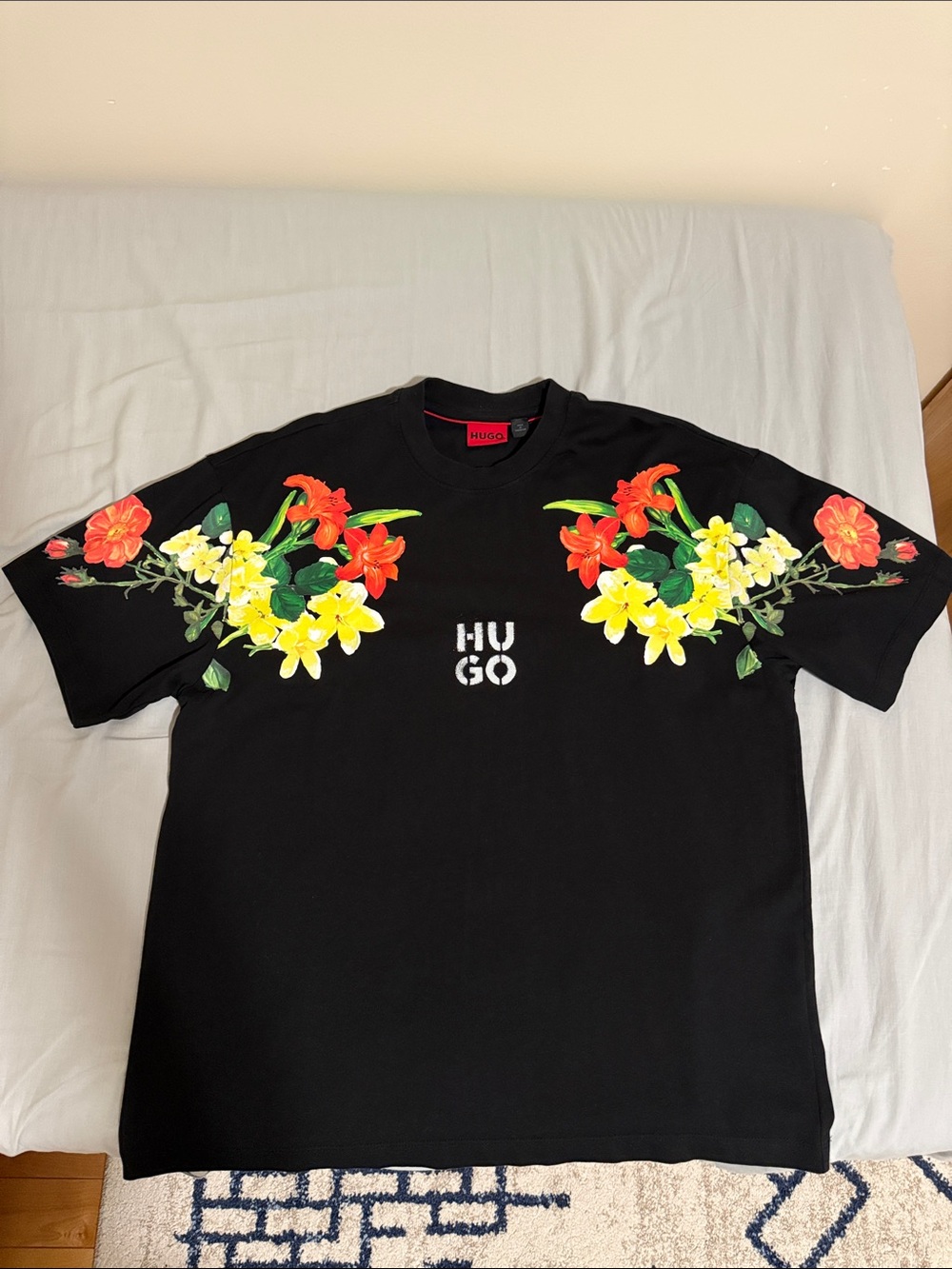 HUGO Black Tee with Red and Yellow Floral Shoulders Size L